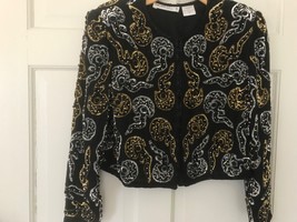 Night Vogue Vtg Sequin Silk  Jacket Shoulder Pads Cropped mushroom jellyfish M - £59.34 GBP