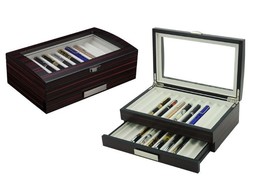20 Pen slot Fountain Ebony Wood glass Display Case Organizer Storage Box Jewelry - £55.93 GBP