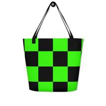 Autumn LeAnn Designs® | Bright Neon Green and Black Checker Large Tote Bag - £29.88 GBP
