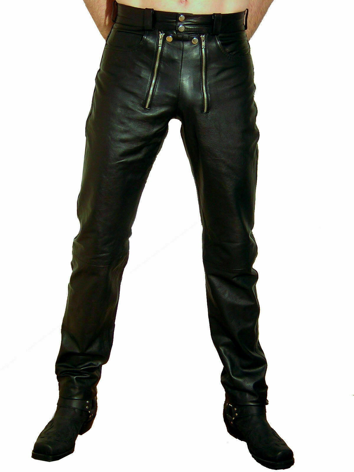 Men&#39;s Cowhide Leather Jeans Pants Trouser Sailor Opening Gay Bikers Blac... - $119.99