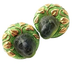 Rare! Elizabeth Gage 18k Yellow Gold Carved Peridot Green Enamel Lion Earrings - £10,491.54 GBP