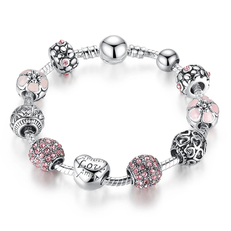 Luxury Silver Plated Heart Love Charm Crystal Beads bracelet for Women Fashion D - £17.45 GBP