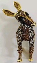 Vtg Style Golden Color Alloy Metal Brown Rhinestones Curious Funny Donkey Brooch - £3.55 GBP