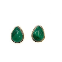 Vintage Signed Sterling Teardrop Shape Green Malachite Stone Cabochon Earrings - £43.01 GBP