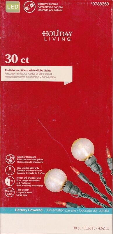 HOLIDAY LIVING 0788369 30CT RED-MINI WHITE-GLOBE LED BATTERY POWER 7-FUN... - $13.28