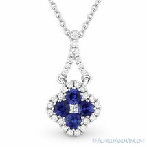 0.39 ct Round Cut Blue Sapphire &amp; Diamond 14k White Gold Flower Necklace Pendant - £724.91 GBP