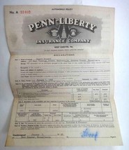 1948 vintage PENN-LIBERTY AUTOMOBILE INSURANCE POLICY bonsall coatesvill... - £27.20 GBP