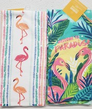 2 DIFFERENT TERRY TOWELS (15&quot;x26&quot;) FLAMINGOS &amp; LEAVES, WELCOME TO PARADI... - £11.67 GBP