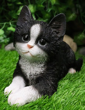 Lifelike Tuxedo Black And White Feline Kitten Cat Sitting On Its Belly Figurine - £31.96 GBP