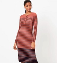 New Ann Taylor LOFT Copper Red Striped Crew Long Sleeve Henley Midi Dress S - £31.37 GBP