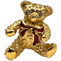 Small Bear Brooch Pin Signed Avon Red Enameled Bow Clear Rhinestones Gold Tone - £6.29 GBP