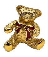 Small Bear Brooch Pin Signed Avon Red Enameled Bow Clear Rhinestones Gol... - £6.28 GBP