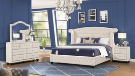 Belize 3-Pc Tufted Wingback Bed &amp; White Nightstands Set - $703.99