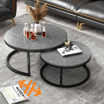 2Pcs Luxury-Ash Marble Round Coffee Table Nesting Tables 31.5&quot; / 16&quot; Living Room - £211.14 GBP