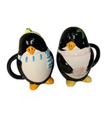 Adorable Penguin Porcelain Cup Set With Lids Black &amp; White - £13.43 GBP