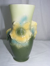Vintage Art Pottery Royal Copley 7&quot; Green Vase Yellow Floral Design - $751.61 MXN