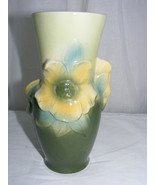 Vintage Art Pottery Royal Copley 7&quot; Green Vase Yellow Floral Design - $40.34