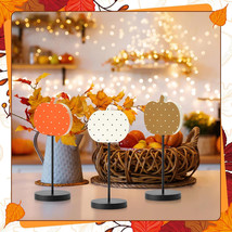 3Pcs Fall Thanksgiving Orange White Brown Pumpkin Reversible Wood Tall decor - £7.52 GBP