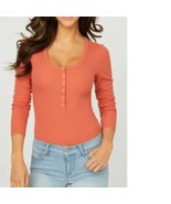 Womens Shirt Guess Orange Ribbed Henley Long Sleeve Scoop Snap Neck Top-... - £23.46 GBP