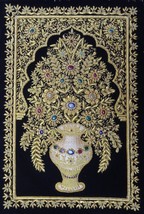 Wall hanging Panel Embroidery Work Fine Thread Craft On Cloth Flower Vas... - €368,41 EUR