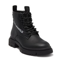 Karl Lagerfeld Paris Men&#39;s Combat Boot Pebble Grained Leather Logo Lace Up Black - £103.83 GBP