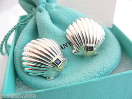 Tiffany & Co Silver 18K Gold Shell Blue Sapphire Clip On Earrings Rare Gift  - $1,798.00