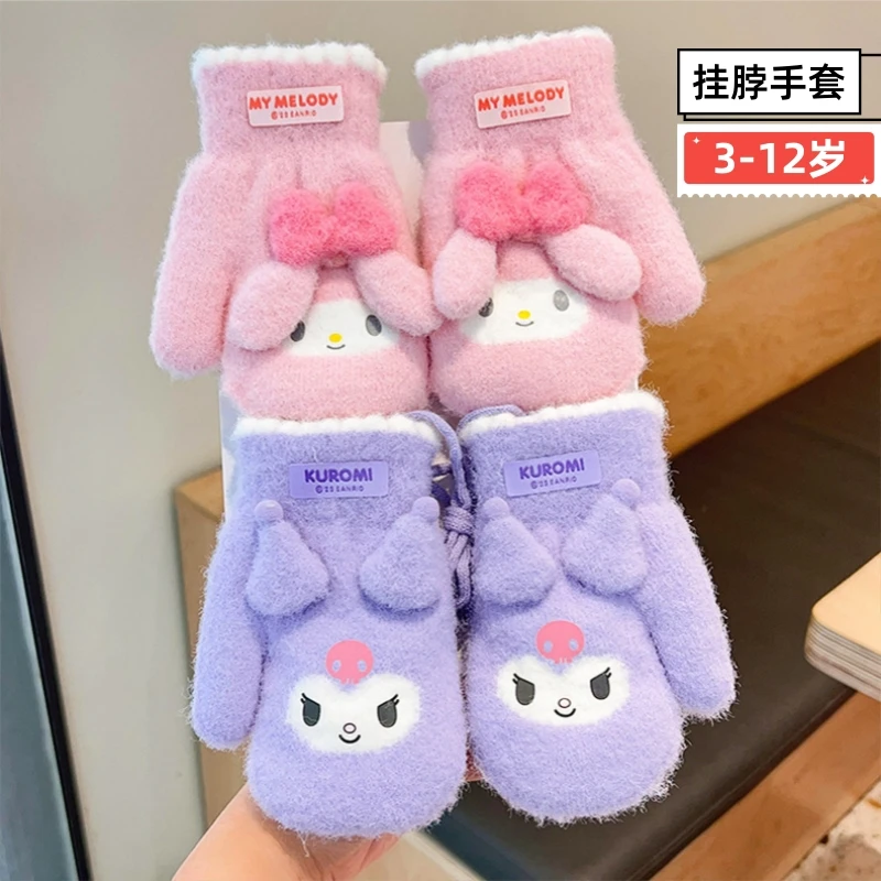 Kawaii Sanrio Plush Gloves Cartoon Children Kuromi My Melody Velvet Thickening - £11.82 GBP