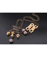 Vintage Egyptian Revival Necklace – Brass Sphinx Pendant with Carved Beads - $21.00
