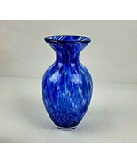 Hand Blown Art Glass Vase Cobalt Blue & Clear Swirl Mottled Speckle Spatter 8.5" - $36.99