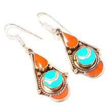 Tibetan Turquoise Coral Handmade Bohemian Jewelry Earrings Nepali 1.80&quot; SA 2353 - £6.22 GBP
