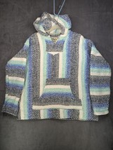 Vtg Poncho Hoodie White Gray Blue Baja Joe Woven Blanket Pullover Top Sz... - £11.11 GBP