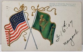 US Flag Irish Flag Greetings to Ireland 1907 Embossed Gold Gild Postcard D14 - $14.95