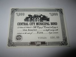 1964 Stocks & Bonds 3M Bookshelf Board Game Piece: Central City $1,000 Bond  - $1.00