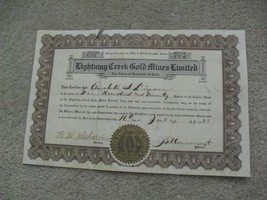 Vintage 1938 Stock Certificate Lightning Creek Gold Mines Limited 520 Sh... - £17.90 GBP