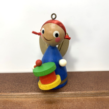 Vintage Christmas Wood Drummer Girl Angel 2.5&quot; Tall Holiday Ornament - £6.15 GBP