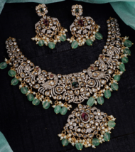 Indian Bollywood Style CZ Gold Plated Victorian Green Necklace Pearl Jewelry Set - £215.97 GBP