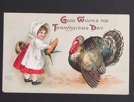 Good Wishes for Thanksgiving Day Girl Feeds Turkey 1908 Int Art Pub Co Postcard - £11.82 GBP