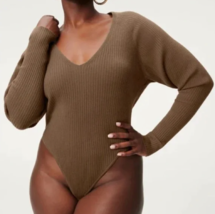 NWT Good American Deep V Neck Ribbed Knit Sweater Brown Bodysuit XL Size 4 - £46.38 GBP