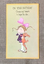 Ephemera Vintage 80s Brithday Card Girl w Big Pink Bow Angry Orange Cat ... - £5.49 GBP