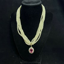 VTG Givenchy Style Gold Tone Faux Pearl 6 Strand Necklace W/Pink Pendant (2705) - £197.71 GBP