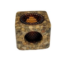 VTG Candle Holder Stone Mill Designs  Square Pristine Pebble Amber Glass Insert - £29.80 GBP