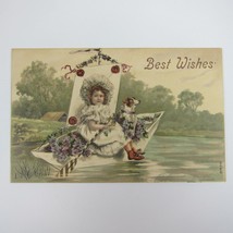 Postcard Best Wishes Red Head Girl Jack Russell Terrier Dog Boat Purple Flowers - £7.96 GBP