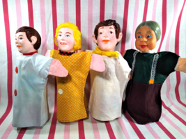 Wonderful Vintage 1960&#39;s Colorful 4pc Rubber Face Cloth Body Family Hand Puppets - £21.99 GBP