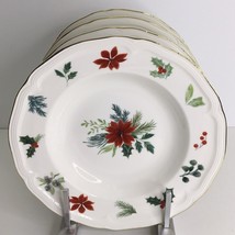 4 Soup Plates Grace Teaware Poinsettia Holly Berries Gold Trim 9” New - $58.36