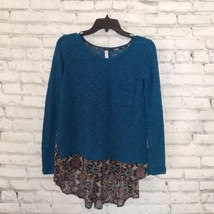 Xhilaration Top Womens Small Blue Floral Sheer Long Sleeve Knit High Low Tunic - £12.73 GBP