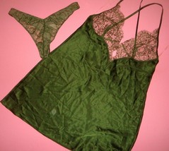 NWT Victoria&#39;s Secret L thong+SLIP babydoll satin olive GREEN chantilly lace - £54.75 GBP