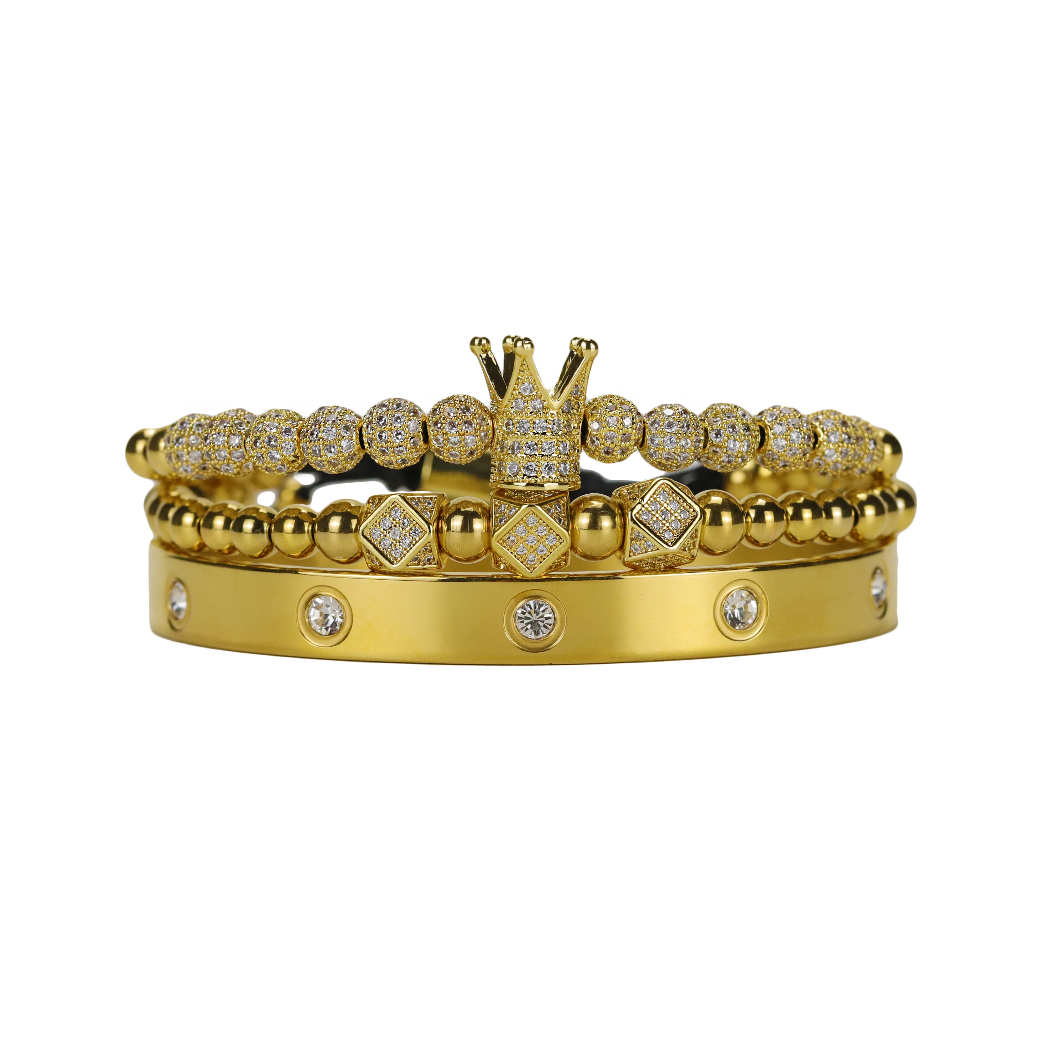 3pcs/set Luxury roayl crown men bracelet set dice charm ten cz stainless steel b - £31.75 GBP