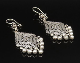 925 Silver - Vintage Wavy Border Beaded Diamond Shaped Dangle Earrings -... - £56.05 GBP