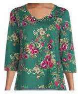 Pioneer Woman XXL V-Neck Pullover Shirt Green Red Floral 3/4 Sleeve Cott... - $19.53 CAD