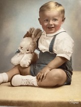 Tinted Photo Young Boy Toddler With Plush Easter Bunny Toy Stuffed Rabbit 8x10” - £13.59 GBP